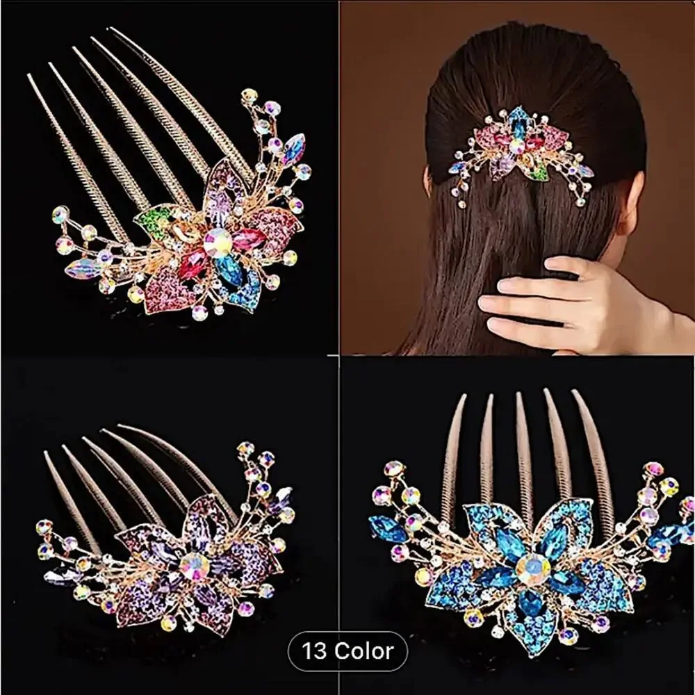 Champagne Rhinestone Flower Hairpin Comb Wedding Anniversary Party Banquet